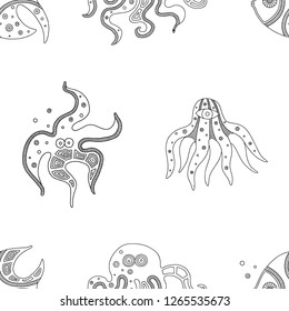 Vector hand drawn black and white seamless pattern, illustration of fish, octopus, starfish, squid with decorative geometrical elements, lines, dots. Line drawing. Graphic artistic design.
