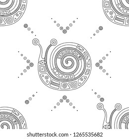 Vector hand drawn black and white seamless pattern, illustration of snail with decorative geometrical elements, lines, dots. Line drawing. Graphic artistic design.