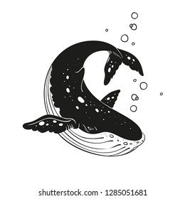 Vector hand drawn black and white whale. Grange whale illustration. Sketch. Engraved style illustration.Tattoo art, graphic, t-shirt design, poster design, invitations, greeting cards, posters.