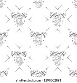 Vector hand drawn black and white seamless pattern, illustration of mushrooms with decorative geometrical elements, lines, dots. Line drawing. Graphic artistic design.