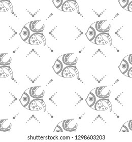 Vector hand drawn black and white seamless pattern, illustration of fish with decorative geometrical elements, lines, dots. Line drawing. Graphic artistic design.