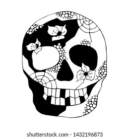 Vector hand drawn black white illustration of smiling skull with flowers, spider web, tooth, face of human Print horror for t shirt. Mexican style, day of the dead, halloween. Sketch, doodle drawing. 