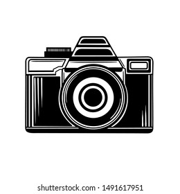 Vector hand drawn black and white illustration of retro photo camera isolated on white background.