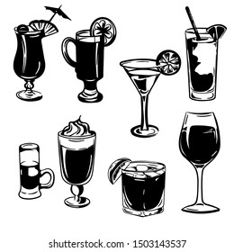 Vector hand drawn black and white set of cocktails and alcohol drinks.