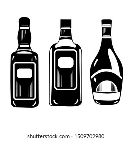 Vector hand drawn black and white set of bottles. Whiskey, rum and chocolate liquor bottles.In the graphic logo style isolated on white background.