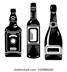 Vector hand drawn black and white set of bottles. Whiskey, wine and champagne  bottles.In the graphic logo style isolated on white background.