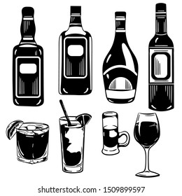 Vector hand drawn black and white set of bottles and glasses of alcoholic drinks. Whiskey, rum, wine, chocolate liquor bottles and glasses.In the graphic logo style isolated on white background.