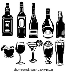 Vector hand drawn black and white set of bottles and glasses of alcoholic drinks. Whiskey, wine, liquor, champagne, beer bottles and glasses.In the graphic logo style isolated on white background.