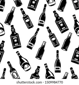 Vector Hand Drawn Black And White Seamless Pattern Of Bottles. Whiskey, Rum, Wine, Champagne, Beer, Tequila And Chocolate Liquor Bottles.In The Graphic Style On White Background.