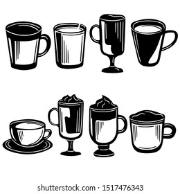 Vector hand drawn black and white set of coffee. Ristretto, cocoa, chocolate, glace, americano, mocha, latte, cappuccino.