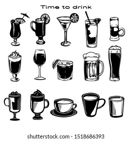 Vector hand drawn black and white set of drinks. Cups of coffee and glasses of cocktails.