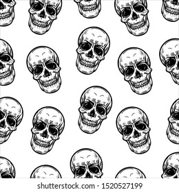 Vector hand drawn black and white seamless pattern of skull in the engraving style on white background.