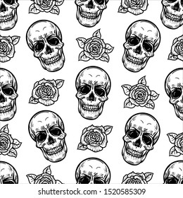 Vector hand drawn black and white seamless pattern of skull and roses in the engraving style on white background.