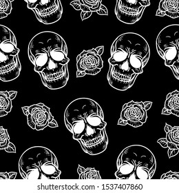 Vector hand drawn black and white seamless pattern of  Skull and roses.Sugar skull girl. Skull sugar flower.