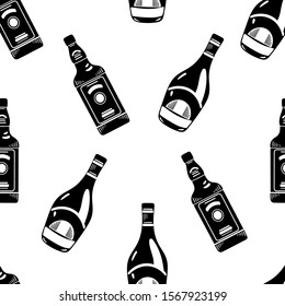 Vector hand drawn black and white seamless pattern of bottles.In the graphic logo style on white background.