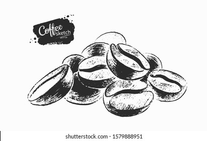 Vector hand drawn black and white illustration of pile of coffee beans isolated on white background.