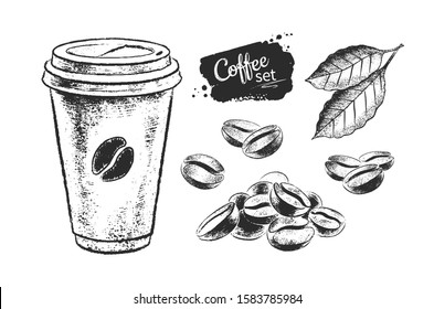 Vector hand drawn black and white illustration set of coffee paper cup and beans isolated on white background.