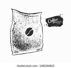 Vector hand drawn black and white illustration of sack with coffee isolated on white background.