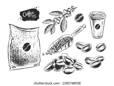 Vector hand drawn black and white illustration set of coffee sack, beans and paper cup isolated on white background.
