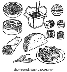 Vector hand drawn black and white set of fast food.