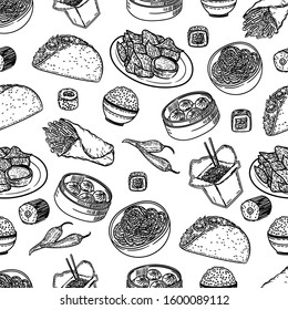 Vector hand drawn black and white seamless pattern of fast food.