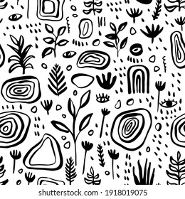 Vector Hand Drawn Black White Abstract Artistic Botanical Seamless Pattern. Cute Floral Seamless Backdrop. Simple Drawing Scandinavian Style Repeat. Vintage Midcentury Modern Upholstery Fabric Design