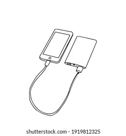 Banco de energía blanco y negro dibujado a mano, dispositivo cargador de batería portátil para smartphone con cable usb. Accesorio móvil, dispositivo electrónico de bolsillo. Elemento de diseño imprimible, aislado en blanco.