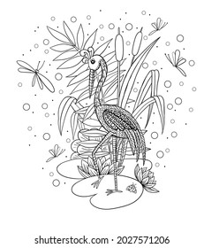 Vector hand drawn black and white illustration for coloring book for adults and children. A heron  bird with long legs and neck stands on the leaves of water lilies among the reeds and flowers. 