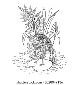 Vector hand drawn black and white illustration for coloring book for adults and children. A heron  bird with long legs and neck stands on the leaves of water lilies among the reeds and flowers. 