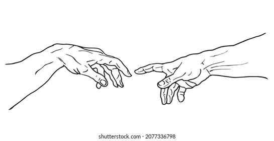 Vector hand drawn black and white illustration from of reaching hands isolated on white background.