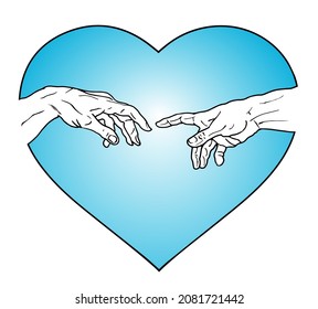 Ilustración de manos blancas y negras dibujada a mano del vector que llega dentro de una forma de corazón azul y aislada sobre fondo blanco.