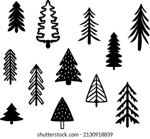 Vector hand drawn black and white line art set of illustrations of trees and forrest. Ideal for print, stickers, decoration, posters, fashion and textile and other creative projects.