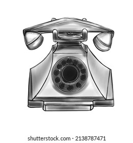 Vector hand drawn black and white illustration of landline rotary phone