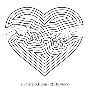 Vector hand drawn black and white illustration of hands reaching inside a big outline echo steps inside a heart shape and isolated on white background.