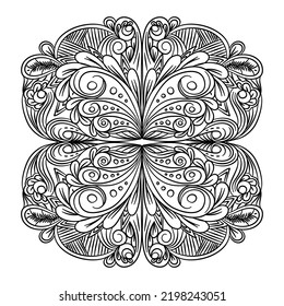vector hand drawn black and white abstract floral and feather pattern