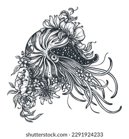 Vector hand drawn black and white illustration of nautilus and flowers.
