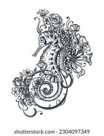 Vector hand drawn black and white illustration of beautiful ornate sea horse and flowers.