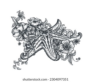 Ilustración en blanco y negro de estrellas y flores dibujada a mano por vectores.
