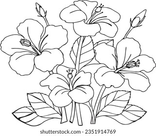 vector hand drawn black white and pink hibiscus flower flourish