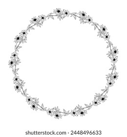 Vector hand drawn black and white floral wreath.