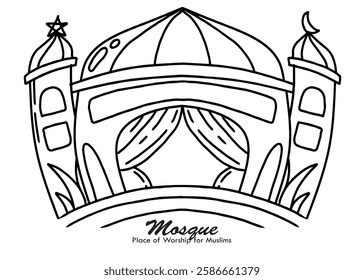 Vector hand drawn black and white convex shape of mosque building. Simple, Coloring Pages, White Background, Islamic, Eid, children, landscape, modern