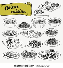 Vector hand drawn black   white illustration and set Asian dishes   Japanese  Chinese   Korean cuisine 