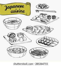 Vector hand drawn black and white illustration with a set dishes of Japanese cuisine