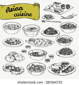 Ilustración en blanco y negro dibujada a mano con un conjunto de platos asiáticos. Cocina japonesa, china y coreana.