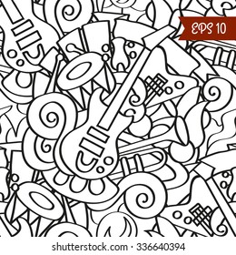 Vector hand drawn black and white abstract doodle seamless pattern with stylized musical instruments.