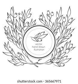 Vector hand drawn black and white illustration with  branches with leaves and berries and circle label 