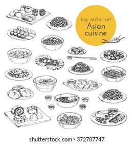 Vector hand drawn black   white illustration and set Asian dishes  Japanese  Chinese   Korean cuisine 