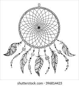 Vector hand drawn black and white illustration of indian tribal dream catcher. Native american injun sketch background