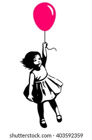Vector hand drawn black and white silhouette illustration of a cute little toddler girl in a summer dress floating in mid air, holding a pink red balloon. Street art stencil style design element 