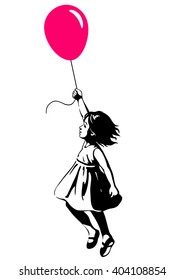 Vector hand drawn black and white silhouette illustration of a toddler girl floating in mid-air with pink red balloon in hand, side view. Urban street art style graffiti stencil art design element.